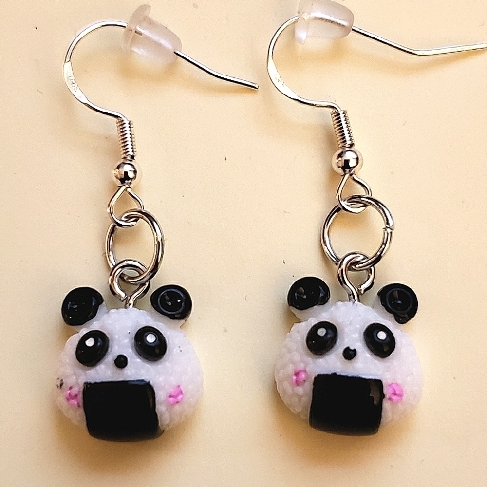 Handmade Black White Pink Small Kawaii Sushi Panda Earrings